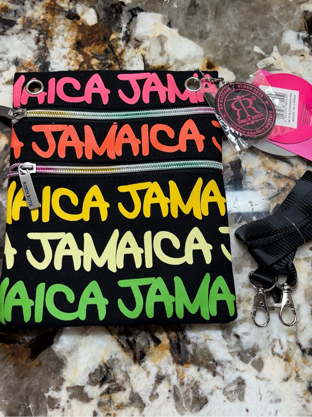 Robin Ruth Black Crossbody Bag with Pink Orange Yellow Green Jamaica Script